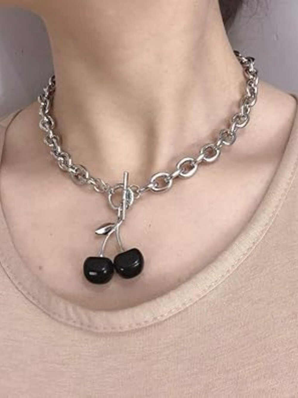 Goth‎ Black Cherry Chunky Cuban Chain Choker Necklace Silver Tone Y2K Punk Rock